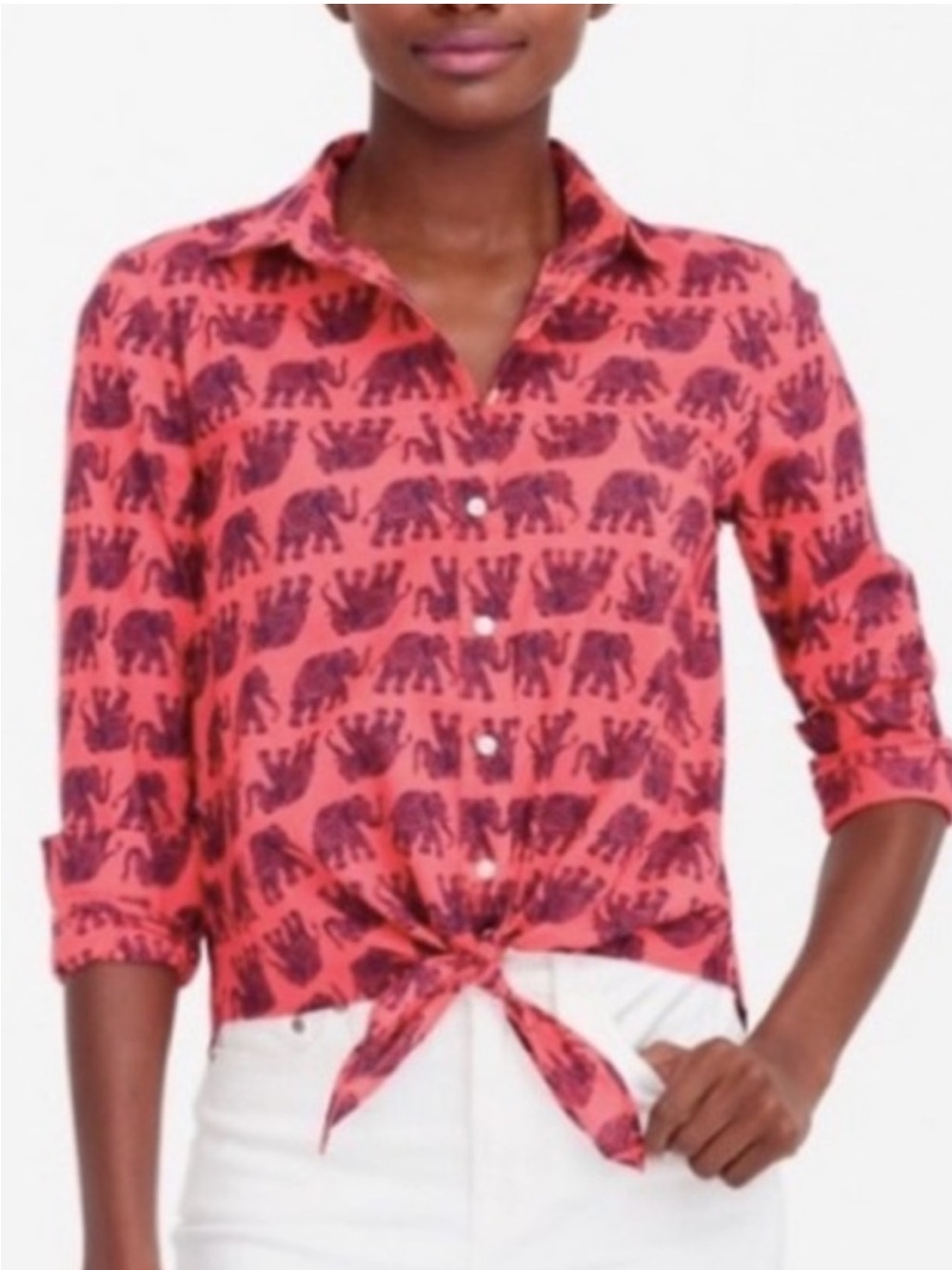 Tie-Front Elephant Print Button-Up Shirt XL Like New